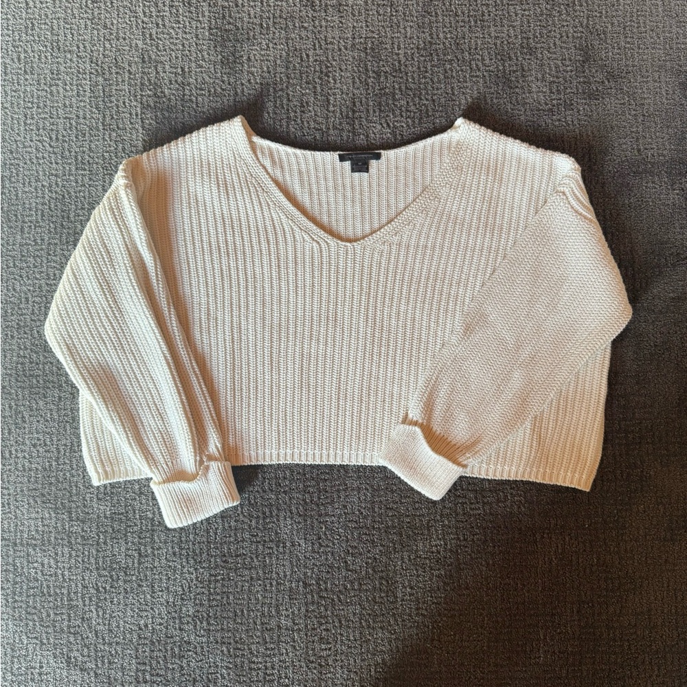 Cream Wide V-Neck Ribbed Sweater